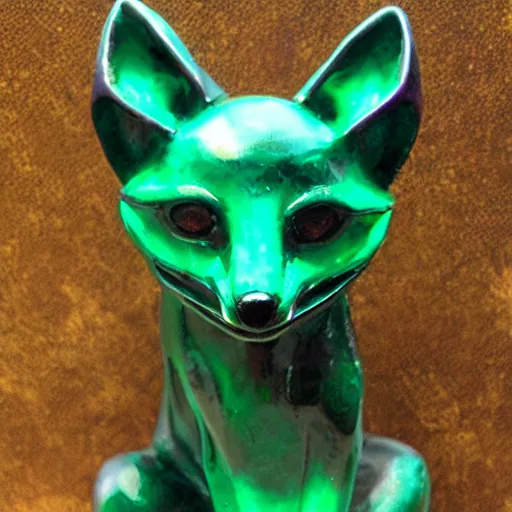 Prompt: Emerald Fox sculpture with glowing purple eyes