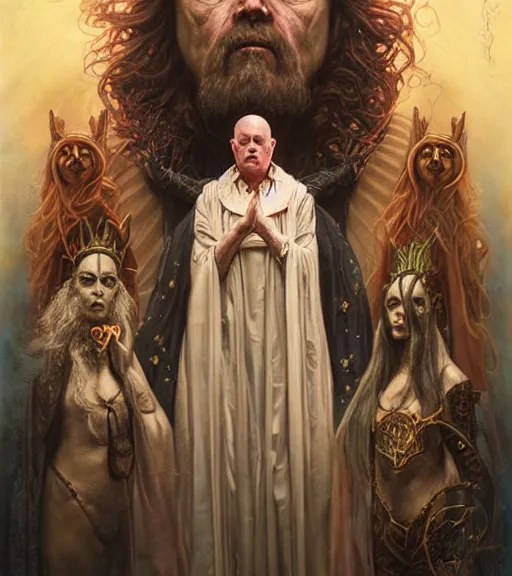 Prompt: A Magical Portrait of Aleister Crowley and the Great Mage of Thelema, art by Tom Bagshaw and Greg Simkins and Donato Giancola