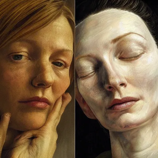 Prompt: high quality high detail painting by lucian freud, hd, cate blanchette thinking deeply, photorealistic lighting