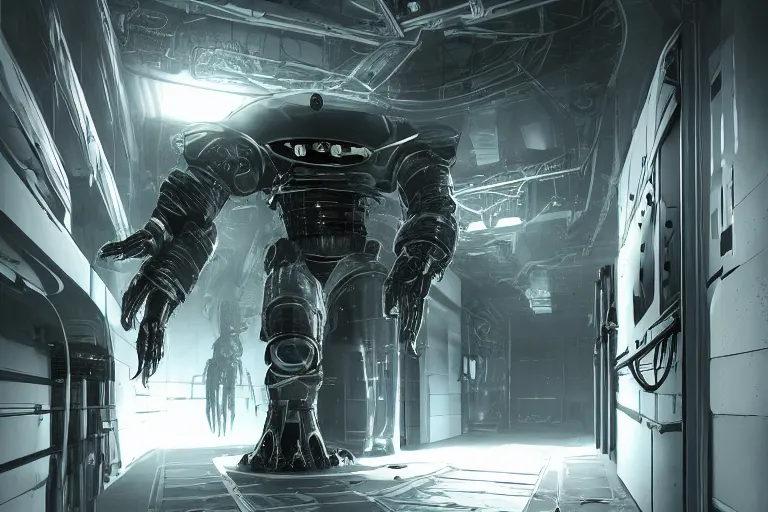 Image similar to parallax datacenter server room interior single mono colossus white rusty android robosaurus artstation cinematic detailed concept art volumetric light sharp coherent cgsociety symmetric perfect well balanced shadows lotr alien prometheus