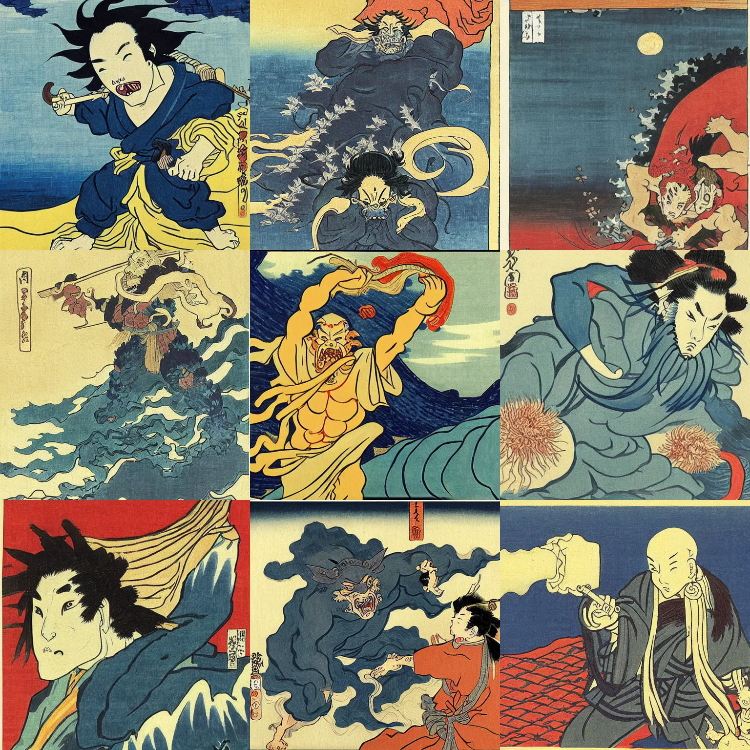 Prompt: oni!!!!! oni!!!!! painting by hokusai and van gogh