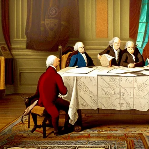 Prompt: still frame of garfield signing the declaration of independence, from the movie spirited away ( 2 0 0 1 )