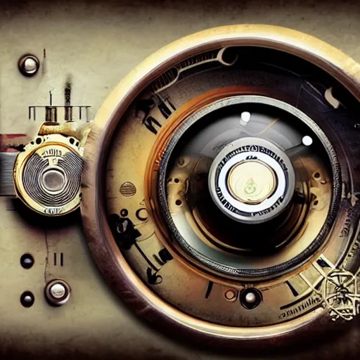 Image similar to steampunk reel to reel tape player, fisheye, digital art, 8k, fine details, trending on artstation