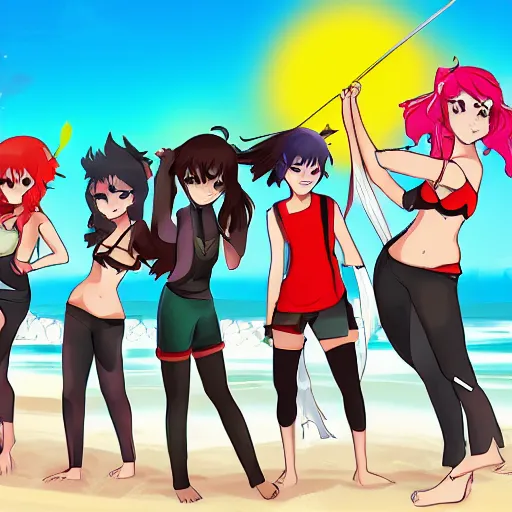 Image similar to Team RWBY at the beach, in the style of RWBY, sunny day,