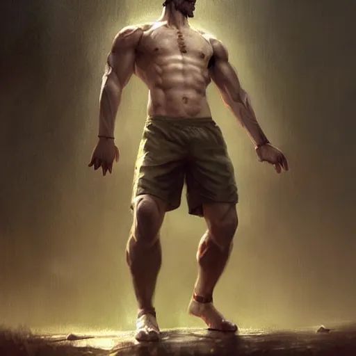 Prompt: strongest leon messi, highly detailed, super tall, white skin, very muscular face, strong, beast, brown pants with holes, rain background, digital art, pixiv fanbox, artstation, by greg rutkowski, wlop