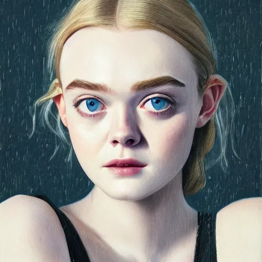 Image similar to professional painting of Elle Fanning in the style of David Fincher, head and shoulders portrait, symmetrical facial features, smooth, sharp focus, illustration, intricate, stormy weather, extremely detailed masterpiece,