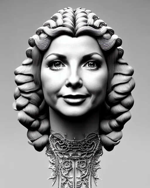 Prompt: bw 3 d render of a beautiful young olivia newton - john female queen - cyborg - vegetal, intricate fractal ornament in the bust with a very long neck, elegant, highly detailed intricate rococo ornament in her silver long hair, realistic, refined, highly detailed, cinematic outdoor lighting, by flora borsi in the style of dora maar, volumetric lighting, hyper realistic photography