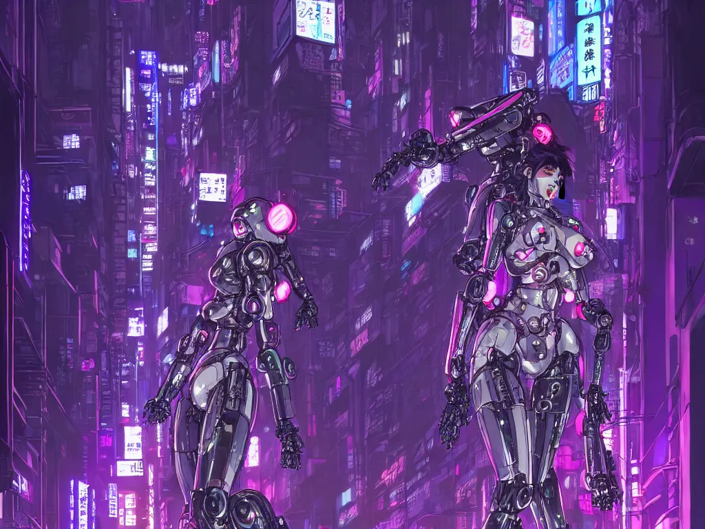 Prompt: high detailed mecha geisha in a cyberpunk rainy city at night by Josan Gonzalez, purple and blue neons, unreal engine, high quality, 4K, UHD, trending on ArtStation, wires, blade runner vibes, ghost in the shell, akira, dorohedoro
