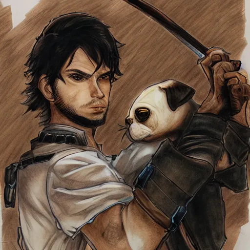 Image similar to self portrait, young white hispanic handsome man with short light brown hair and light skin and a 5 o clock shadow and holding a pug while fighting against 2 swordsmen pencil art, warzon, battlefield, added detail, high definiton, colored, backfacing, illustrated by yoji shinkawa