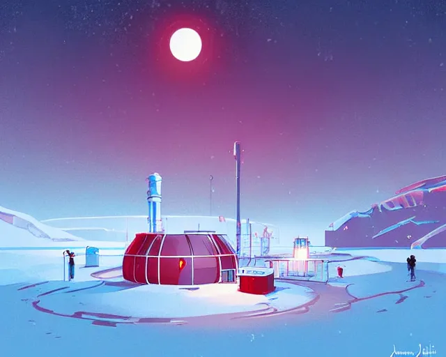 Prompt: A scientific base in north pole, cold, snowy, art by James Gilleard, James Gilleard artwork