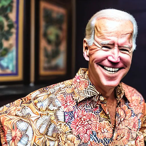 Image similar to A Photo Portrait of Joe Biden Wearing Indonesian Batik Tulis at a fancy Balinese restaurant, award winning photography, sigma 85mm Lens F/1.4, blurred background, perfect faces