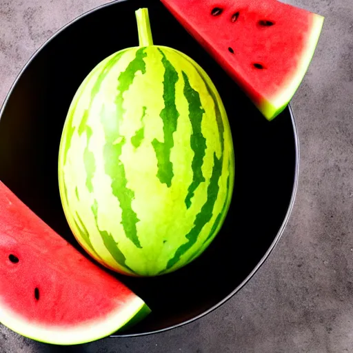 Prompt: a watermelon banana sitting in a bowel, product photography