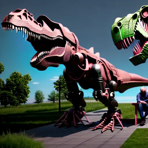 Image similar to a man sitting on a bench having fun controlling a t - rex mecha costume, photorealistic 3 d octane render, unreal engine