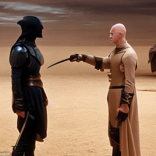 Prompt: Establishing shot of a duel between two subjects, bald ominous brooding Austin Butler as Feyd-Rautha Harkonnen fighting duel against an Atreides opponent in an arena, clear gaze, detailed eyes