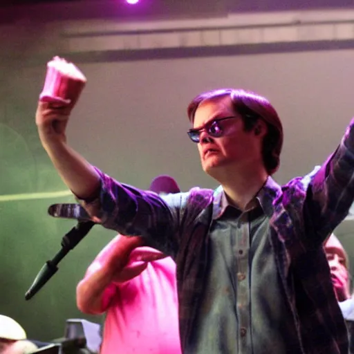 Image similar to Dwight schrute on stage at a hip hop concert throwing beets at the crowd