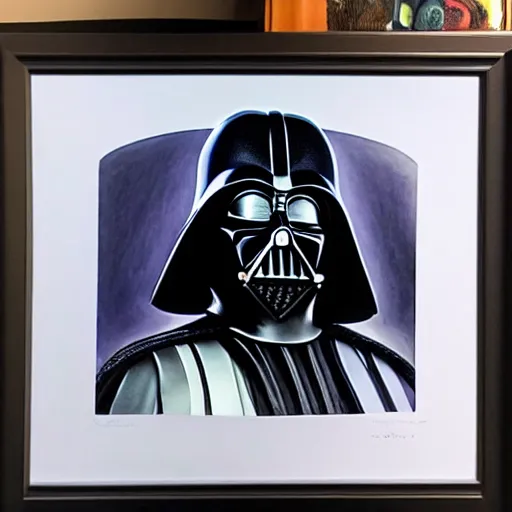 Image similar to colored pencil drawing of darth vader, wide shot of a portrait hanging on the wall in the louvre