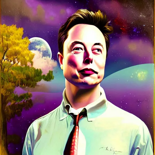 Prompt: a portrait of a elon musk in a scenic environment by abercrombie, gertrude. cgsociety, surrealism, surrealist, dystopian art, purple color scheme