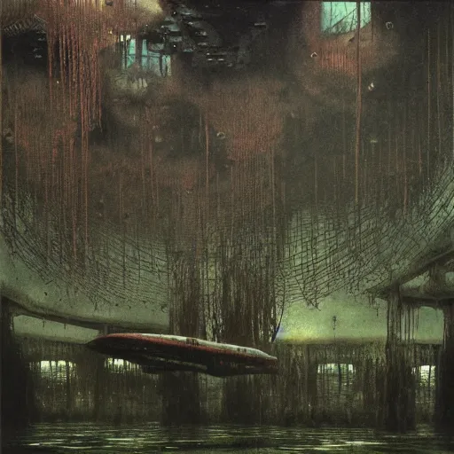 Prompt: flooded overgrown interior of boeing, matte painting, oil painting, by beksinski and moreau