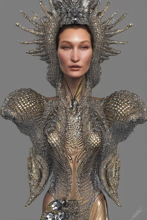 Image similar to a highly detailed metahuman 4 k close up render of an alien goddess bella hadid as deity in iris van herpen dress schiaparelli in diamonds crystals swarovski and jewelry in style of alphonse mucha gustav klimt trending on artstation made in unreal engine 4