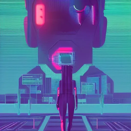 Image similar to a graph - style woman walking across a lush green field, a huge robot head in front of her, cyberpunk art by by james gilleard, cgsociety, retrofuturism, synthwave, retrowave, outrun