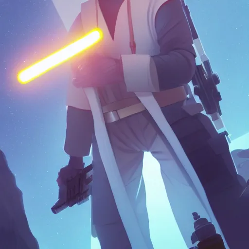 Image similar to George Lucas as Luke Skywalker, ambient lighting, 4k, anime key visual, lois van baarle, ilya kuvshinov, rossdraws, artstation