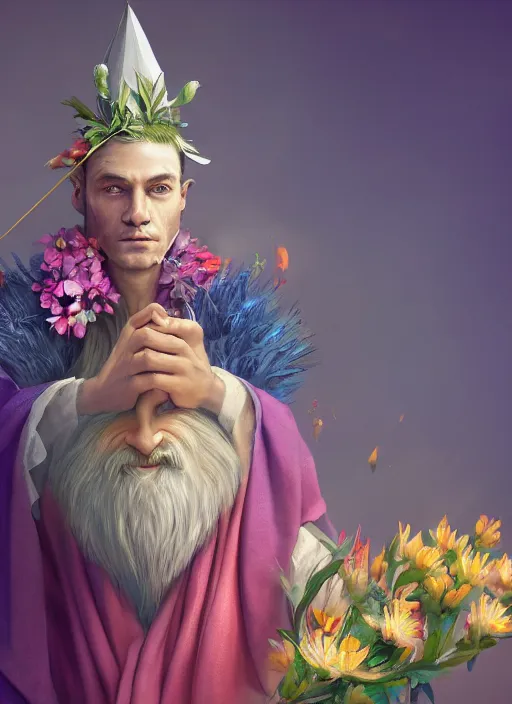 Prompt: an anthropomorphic beautiful male wizard portrait holding a flowers wearing colourful robe, fine art, award winning, intricate, elegant, sharp focus, octane render, hyperrealistic, wizard hat cinematic lighting, highly detailed, digital painting, 8 k concept art, masterpiece, trending on artstation, 8 k