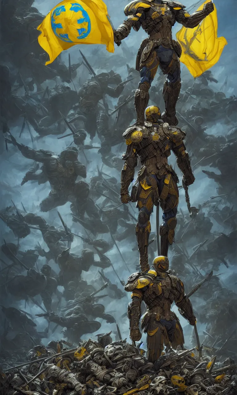 Image similar to a distant shot of a super soldier with blue and yellow flag and a trident symbol standing alone on a huge pile of skulls as a winner, masculine figure, D&D, fantasy, intricate, elegant, highly detailed, extremely detailed, digital painting, artstation, concept art, matte, smooth, sharp focus, illustration, art by Artgerm and Greg Rutkowski and Alphonse Mucha