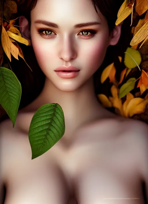 Image similar to a beautiful female photo, professionally retouched, soft lighting, standing in a forest with chest covered with leaves, realistic, smooth face, perfect eyes, wide angle, sharp focus on eyes, 8 k high definition, insanely detailed, intricate, elegant, art by artgerm and wlop