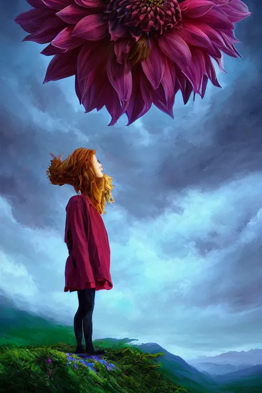 Image similar to closeup giant dahlia flower over the head, girl standing on mountain, surreal photography, blue storm clouds, dramatic light, impressionist painting, digital painting, artstation, simon stalenhag