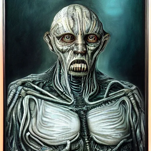Prompt: portrait by h. r. giger of andrei romanovich chikatilo who became a degraded abomination, photo - realistic, color image, 2 k, highly detailed