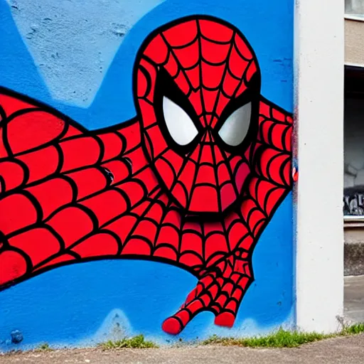 Image similar to graffiti art of spiderman wearing a latex mask of a pitbull dog