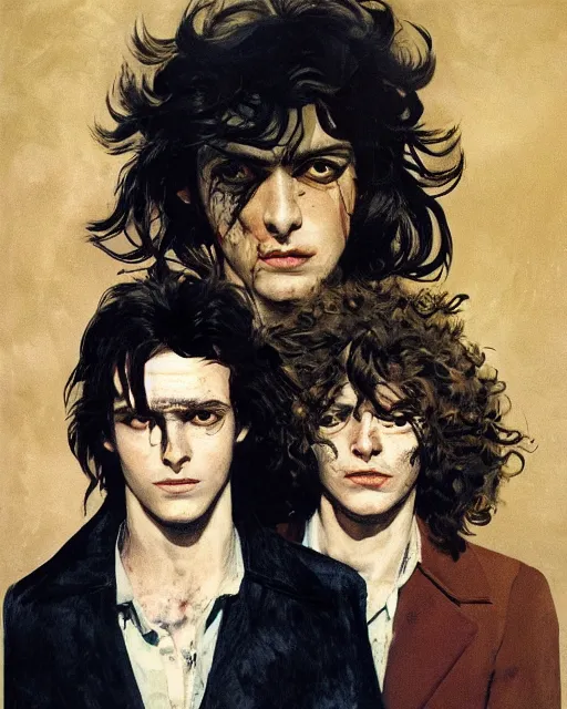 Prompt: two handsome but sinister young men in layers of fear, with haunted eyes and wild hair, 1 9 7 0 s, seventies, wallpaper, a little blood, moonlight showing injuries, delicate embellishments, painterly, offset printing technique, by coby whitmore
