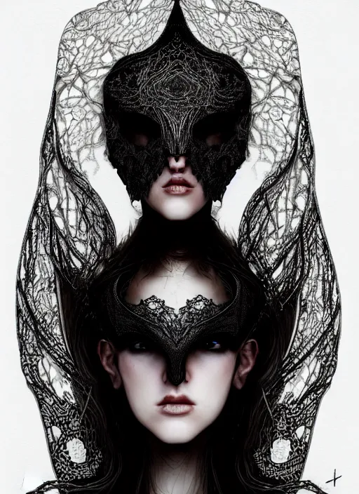 Image similar to lace armor witchy dark, iris van herpen, helmet on face, portrait, voluminous, masterpiece, intricate, highly detailed, artstation, dreamy ghost, concept art