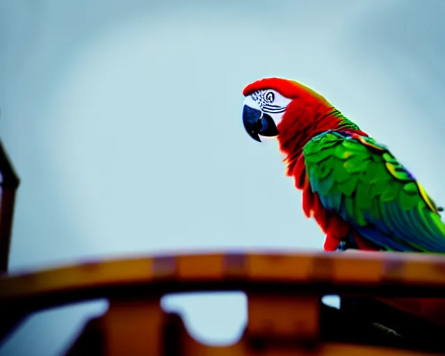 Image similar to low angle photo of a parrot on a pirate ship, rule of thirds, depth of field