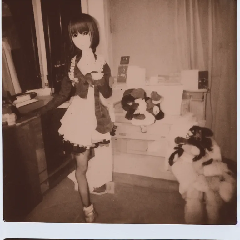 Image similar to Polaroid photo of Rika furude fumo plush in the backrooms