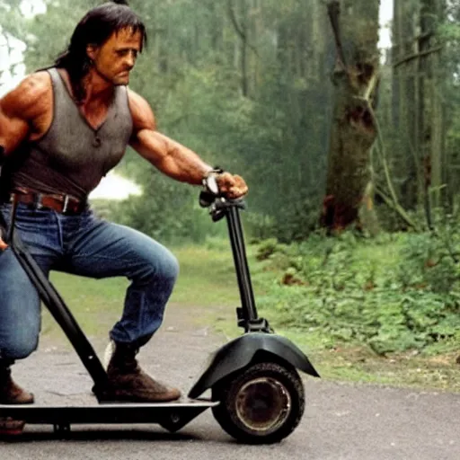 Prompt: rambo from first blood riding a kick scooter