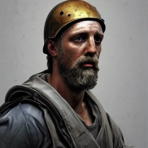 Prompt: dramatic painting of zeus as a tarkov player, wearing helmet, painterly, caravaggio, 3 d render, detailed face,