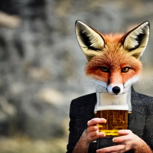 Image similar to a polygamous fox with a hat drinking beer and smoking e - cigarette, stock photo