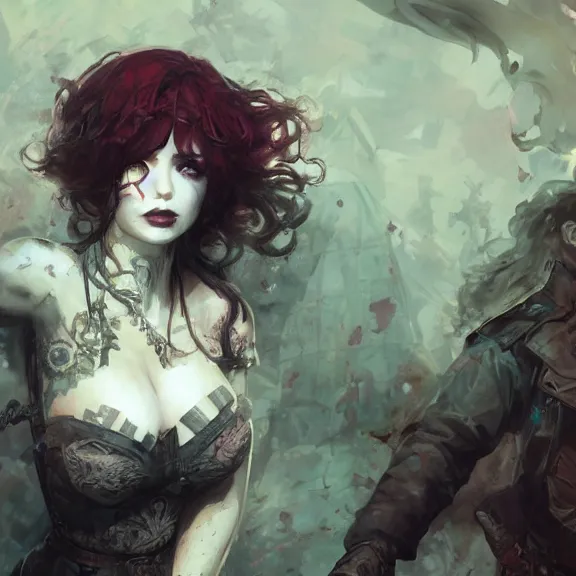 Image similar to christina hendricks!!! goth, tankoban, 4 k, tone mapping, akihiko yoshida, james jean andrei riabovitchev marc simonetti, yoshitaka amano, long hair, curly, h. hydrochaeri