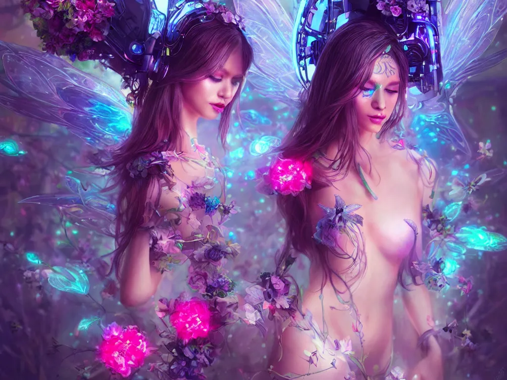 Prompt: a beautiful cyber fairy in a cyberpunk garden with neon flowers, elegant pose, realistic digital painting, artgerm, sakimichan, huang guangjian