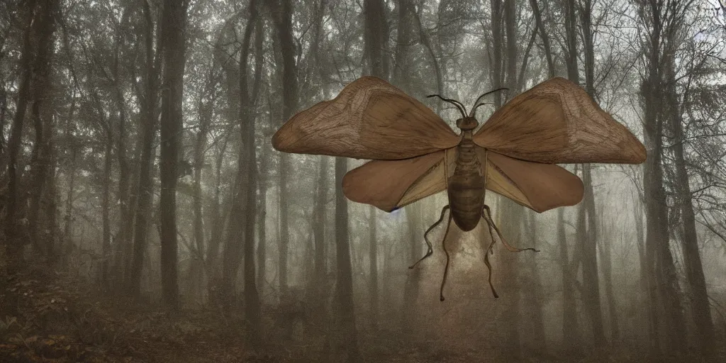 Prompt: Humanoid moth with wings for arms in a forest filled with fog off in the distance looking back at the camera, hyper detailed