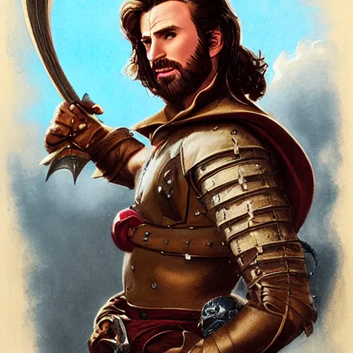 Image similar to half length portrait of chris evans as a swashbuckler, d & d, medieval, fantasy, greg rutkowski, frank frazetta, alexandre chaudret, boris vallejo, michael whelan, miro petrov, hr giger