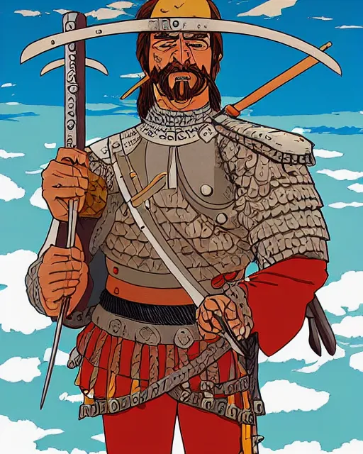 Image similar to portrait of barbaric spanish conquistador, symmetrical, by yoichi hatakenaka, studio ghibli and dan mumford