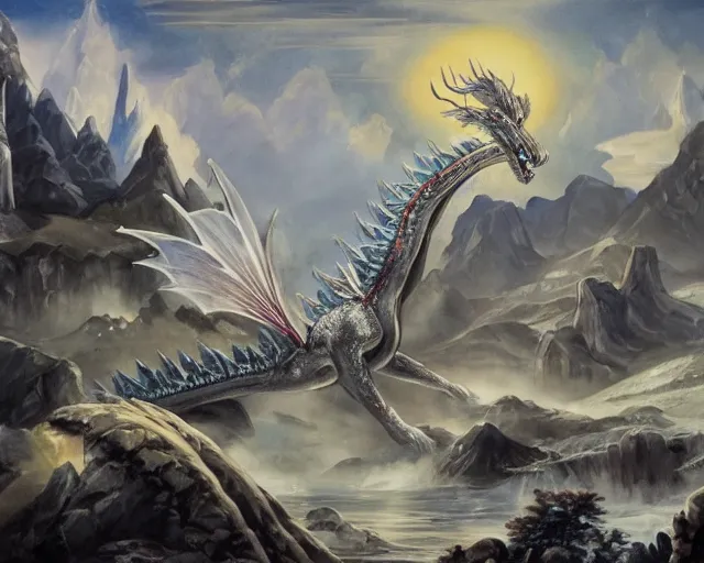 Prompt: a giant ice dragon protects the village in the mountains in the background, stylized aesthetic gothic painting, oil painting