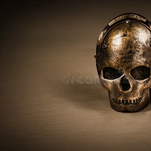 Image similar to old bronze skull wearing a samurai helmet, professional photo shot, depth of field, intricate details