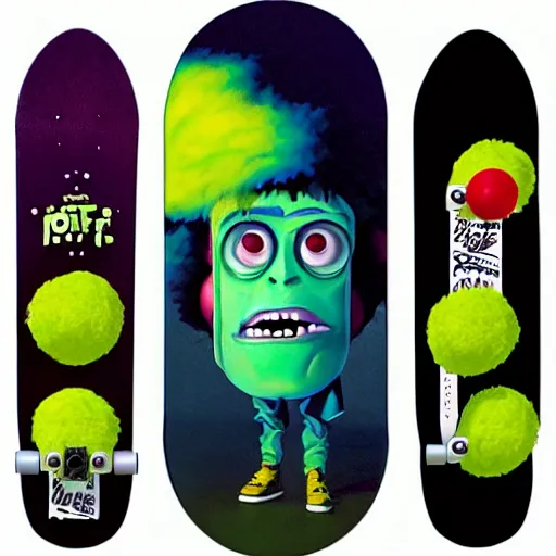 Prompt: lofi vaporwave portrait tennis ball monster skateboarding on a skateboard, chalk, pixar style, tristan eaton, stanley artgerm, tom bagshaw, basil gogos