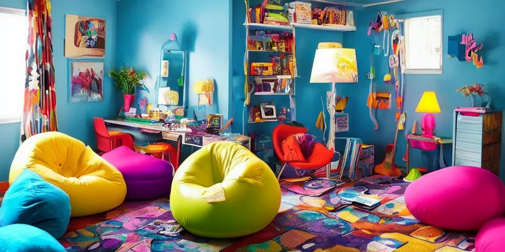 Image similar to a nostalgic teens room from the 90s with an inflatable chair, a bean bag chair, and lava lamps