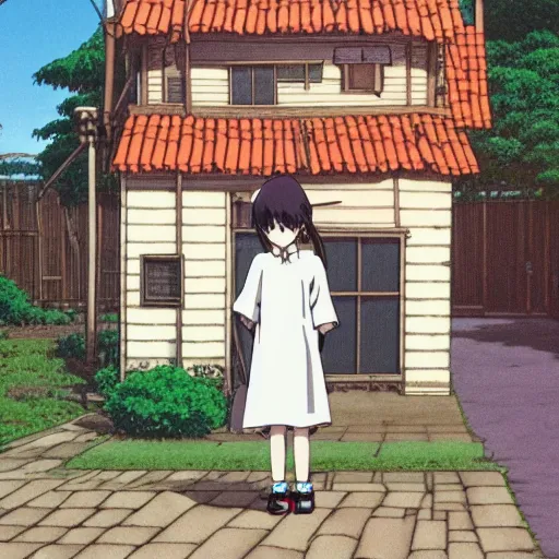 Prompt: The girl is standing outside the house in full size style hayao miyazaki, anime