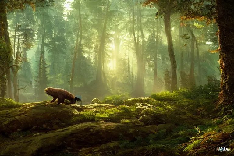 Image similar to a beaver standing in the forest, beautiful dynamic lighting, cinematic, wide angle establishing shot, extremely high detail, photo realistic, cinematic lighting, post processed, concept art, artstation, matte painting, style by frederic church, raphael lacoste, unreal engine 8k