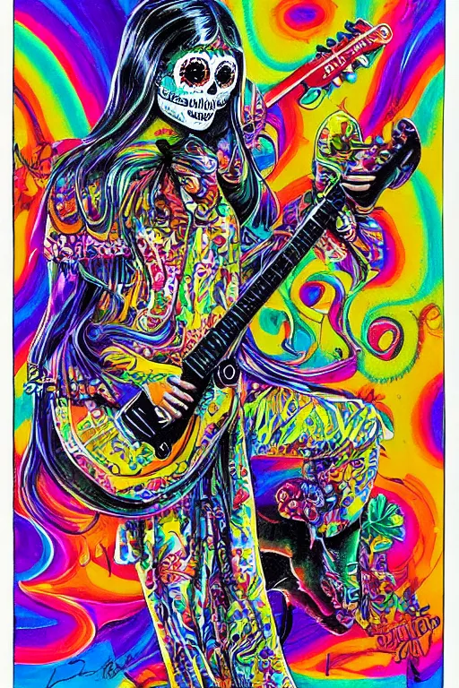 Image similar to realistic detailed psychedelic poster art of a cute Día de los Muertos girl playing electric guitar by Victor Moscoso Rick Griffin Art Noveau, masterpiece